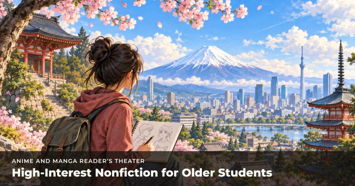 A girl sketching on a hillside overlooking a Japanese city, cherry blossoms and Mount Fuji.