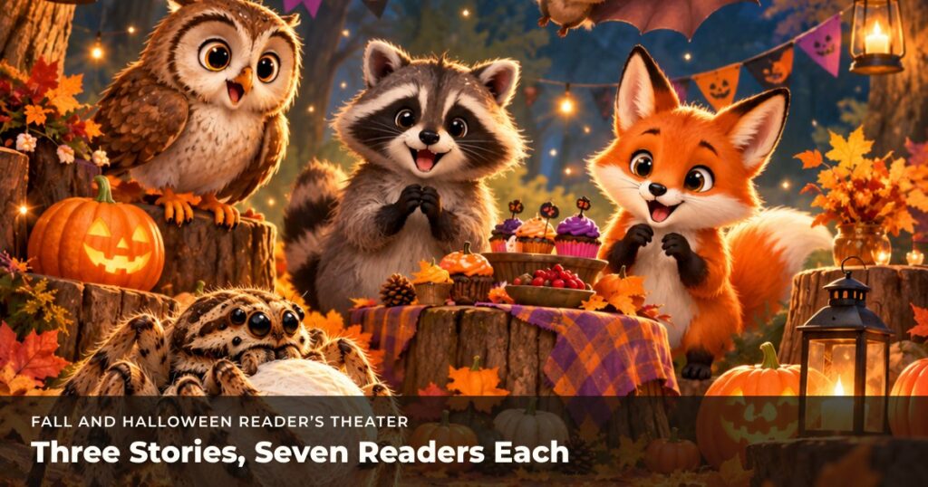 An owl, a raccoon, a fox, a bat and a wolf spider at a woodland Halloween party.