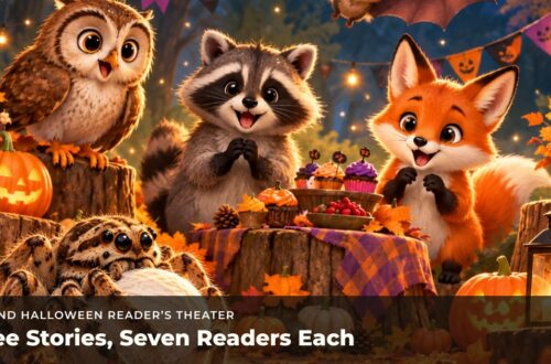 An owl, a raccoon, a fox, a bat and a wolf spider at a woodland Halloween party.