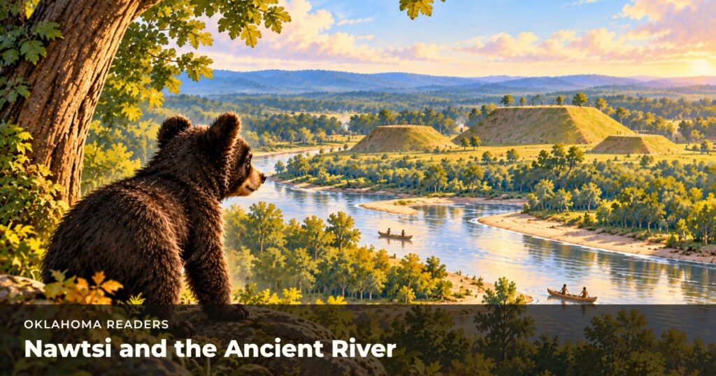A black bear cub on a bluff looking across a river at earthen mounds.