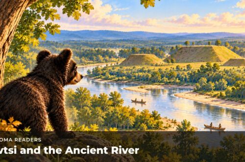A black bear cub on a bluff looking across a river at earthen mounds.